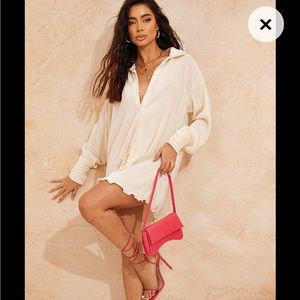Cream Plisse Frill Hem Shirt Dress